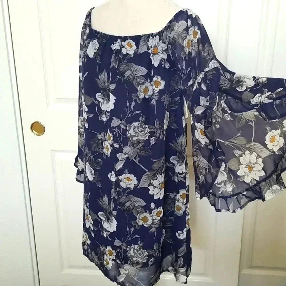 Altar'd State Navy Floral Long Sleeve Dress | Boho Women's Mini Dress - Picture 3 of 6